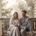 Couple on a verandah wearing knitwear: a cream cable-knit cardigan and a grey knit lounge set