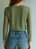 Elsie sage green lace trim floral blouse with sheer long sleeves, view 6