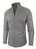 Broome Men's Mandarin Collar Cotton Linen Long Sleeve Shirt, view 15