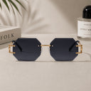 Cannes rimless rectangle sunglasses with gold temples and grey gradient lenses, view 6