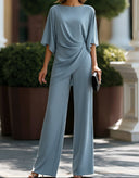 Leni two-piece set with draped waist top and wide-leg pants, view 3