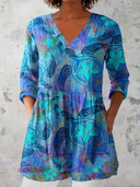 Iona long blue blouse with V-neck and loose fluid fit, view 3