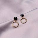 Black Stone Dangle Earrings, Vintage Gold Twisted Circle Earrings