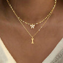 Bow and Initial Necklace Set A to Z, 2 Layered Gold Stainless Steel Necklaces