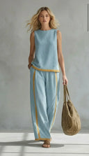 Paige cotton linen vest and pants set with contrast trim, view 4