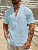 Burleigh Men's Mandarin Collar Half-Button Summer Shirt, view 2