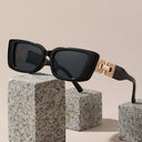 Portofino black square sunglasses with gold chain link temples, view 2