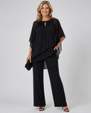 Liora layered two-piece set with asymmetric chiffon blouse and wide-leg pants