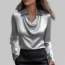 Georgie satin blouse with draped cowl neckline and long sleeves, view 5