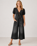 Mischa wide-leg denim jumpsuit with tie-front V-neck and puff sleeves, view 4