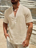 Burleigh Men's Mandarin Collar Half-Button Summer Shirt, view 6