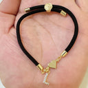 Initial Bracelet A to Z for Women, Black Cord with Gold Letter and Heart Charm