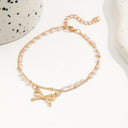 Gold Pearl Anklet with Bow Charm, Double Layer Ankle Bracelet 21 cm for Women | Marliva