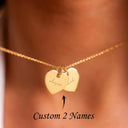Double Heart Name Necklace, Two Engraved Heart Tags for Couples, Stainless Steel, Gold or Silver