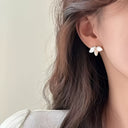 Flower Stud Earrings for Women, White Petal Studs, Gold Tone