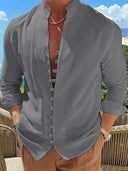 Broome Men's Mandarin Collar Cotton Linen Long Sleeve Shirt, view 3