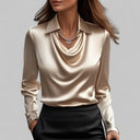 Georgie satin blouse with draped cowl neckline and long sleeves, view 13