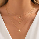 Star and Moon Layered Choker Necklace, Adjustable, Gold or Silver for Women