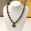 Tiger's Eye Heart Necklace, Stone Heart Pendant on Bead Chain, Green or Brown