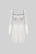 Elegant Dress With Square Neckline And Silver Floral Detailing - White