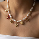 Ocean Charm Necklace, Starfish, Seashell and Seahorse Pendants, Gold Tone