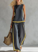 Paige cotton linen vest and pants set with contrast trim, view 8