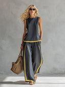 Paige cotton linen vest and pants set with contrast trim