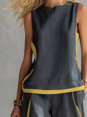 Paige cotton linen vest and pants set with contrast trim, view 7