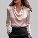 Georgie satin blouse with draped cowl neckline and long sleeves, view 6
