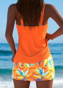 Danae orange tankini set with tropical print swim skirt, view 2