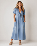 Mischa wide-leg denim jumpsuit with tie-front V-neck and puff sleeves, view 5