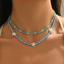 Turquoise Starfish Layered Choker Necklace, Beaded Beach Necklace for Women