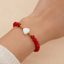 Red Bead Bracelet for Women, Glass Bead Bracelet with Heart Charm