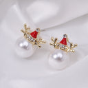 Christmas Earrings with Reindeer and Pearl, Front and Back Pearl Earrings, Festive Gold Studs | Marliva