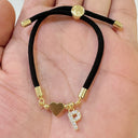 Initial Bracelet A to Z for Women, Black Cord with Gold Letter and Heart Charm