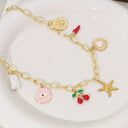 Starfish and Cherry Charm Necklace, Gold Tone Summer Charm Necklace for Women