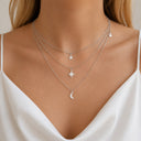 Star and Moon Layered Choker Necklace, Adjustable, Gold or Silver for Women