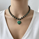 Tiger's Eye Heart Necklace, Stone Heart Pendant on Bead Chain, Green or Brown