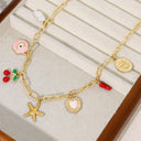 Starfish and Cherry Charm Necklace, Gold Tone Summer Charm Necklace for Women