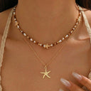 Brown Bead Starfish Necklace Set of 2, Boho Glass Bead Beach Necklaces