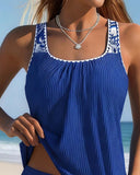 Bronwyn blue printed tankini top with swim shorts, view 2