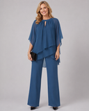 Liora layered two-piece set with asymmetric chiffon blouse and wide-leg pants, view 2