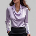 Georgie satin blouse with draped cowl neckline and long sleeves, view 7