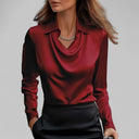 Georgie satin blouse with draped cowl neckline and long sleeves, view 8