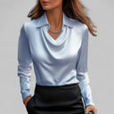 Georgie satin blouse with draped cowl neckline and long sleeves, view 9