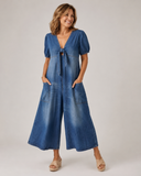 Mischa wide-leg denim jumpsuit with tie-front V-neck and puff sleeves, view 6