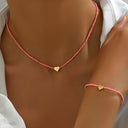Heart Bead Necklace and Bracelet Set, Black, White or Red Stretch Jewellery Set