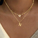 Bow and Initial Necklace Set A to Z, 2 Layered Gold Stainless Steel Necklaces