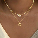 Bow and Initial Necklace Set A to Z, 2 Layered Gold Stainless Steel Necklaces