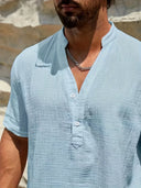 Burleigh Men's Mandarin Collar Half-Button Summer Shirt, view 11